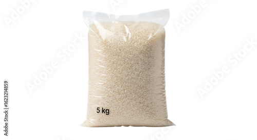 Bag of white rice isolated on transparent background, a staple food and essential ingredient for various cuisines, perfect for illustrating nutrition, diet, and grocery shopping
