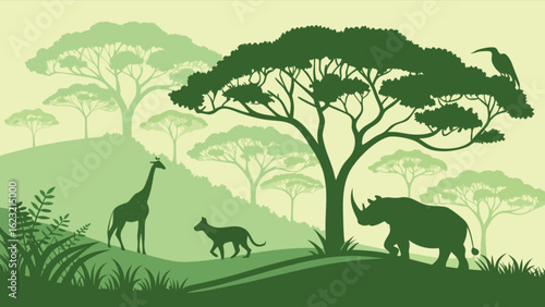 Green shaded african savanna landscape with silhouettes of animals and trees in a peaceful setting