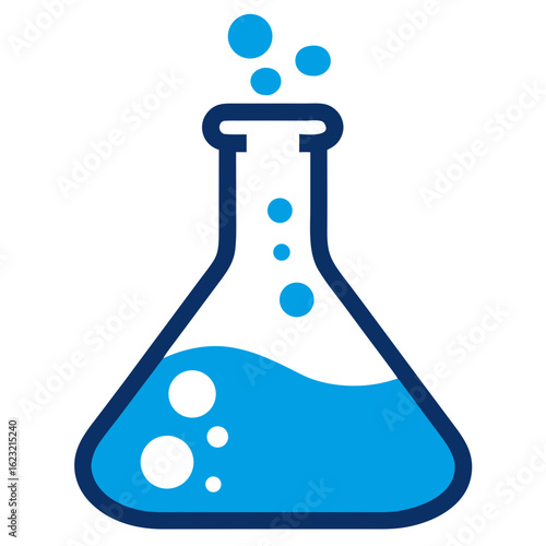Blue flask with bubbles and liquid symbolizing chemical reaction or scientific experiment