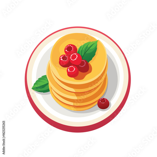 Vector Icon of fluffy Japanese soufflé pancakes topped with fresh cherry, ruspberry, vector art on white background, ideal for blogs, websites, and stationery design