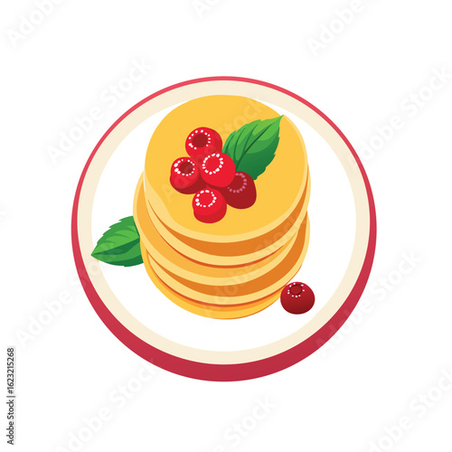 Vector Icon of fluffy Japanese soufflé pancakes topped with fresh cherry, ruspberry, vector art on white background, ideal for blogs, websites, and stationery design