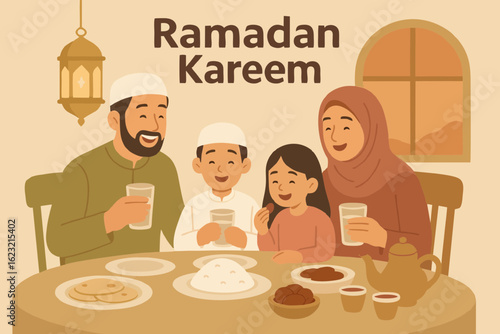 Happy Muslim Family Having Iftar Together at Home - Ramadan Flat Vector Illustration