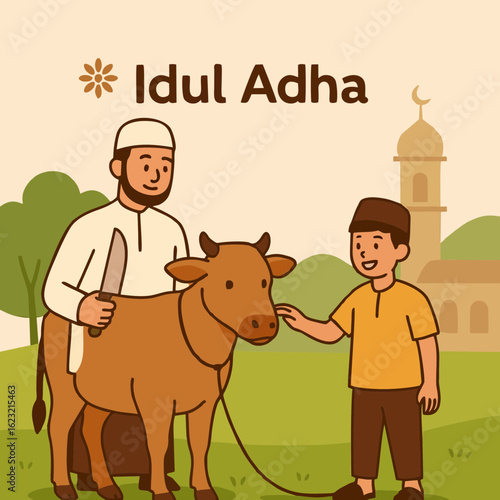 Muslim Family Praying Jamaah in Mosque - Islamic Worship Illustration
