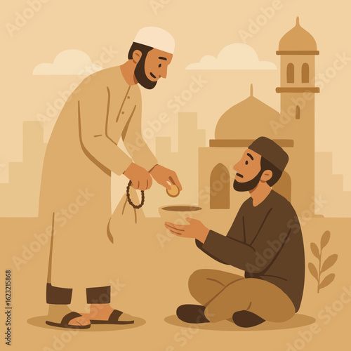 Flat vector illustration of a Muslim man giving charity to a person in need in front of a mosque. Represents the Islamic value of generosity, zakat, and social responsibility. 