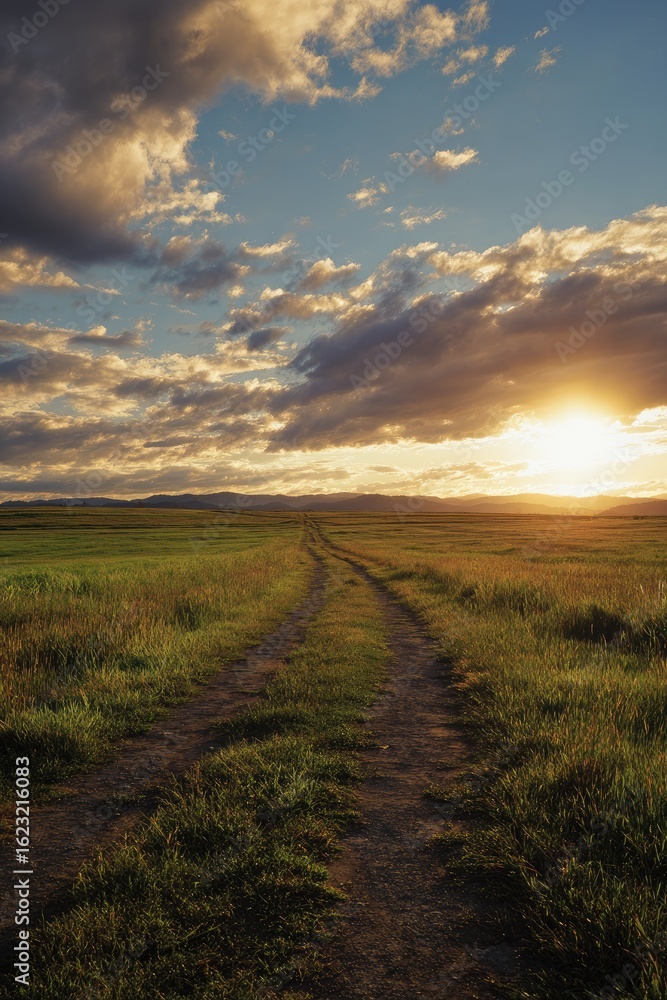 Fototapeta premium Rural path at sunset. Golden light on grassy field