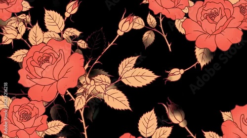 Floral pattern of coral roses on black