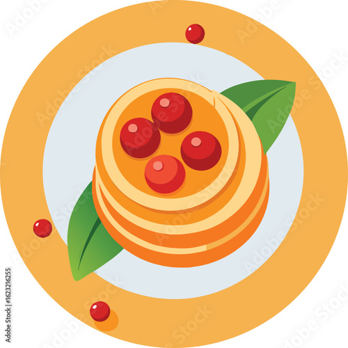 Vector Icon of fluffy Japanese soufflé pancakes topped with fresh cherry on white background