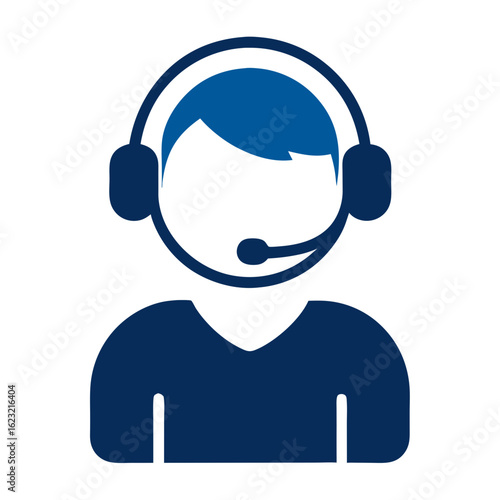 Stylized blue icon of a person wearing headphones with a microphone representing customer service or support