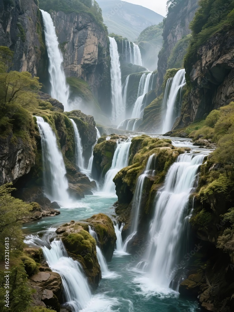 Naklejka premium Spectacular Cascading Waterfalls in a Lush Mountain Valley