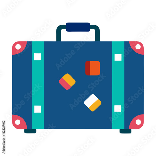 A blue suitcase with colorful travel stickers and reinforced corners ready for a journey