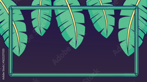 Green banana leaves frame dark background yellow rectangle