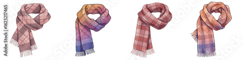 Set of isolated plaid scarves for autumn fashion in various colors  