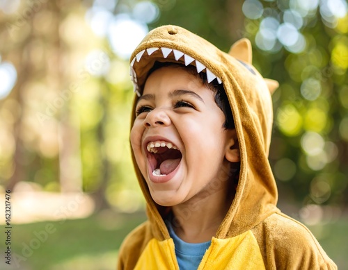 A child in a dinosaur costume laughs joyfully outdoors