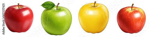 Apple Picking, Assorted apples in red, green, yellow varieties on white background , Apple Varieties Comparison