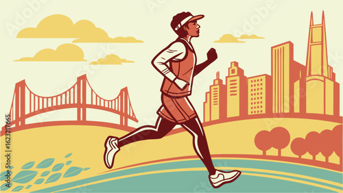 Illustration of a runner with bridge and city skyline in the background in retro style art