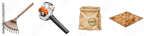 Leaf Raking, Set of isolated gardening tools including rake, blower, bag, and tarp, Autumn Cleanup Tools