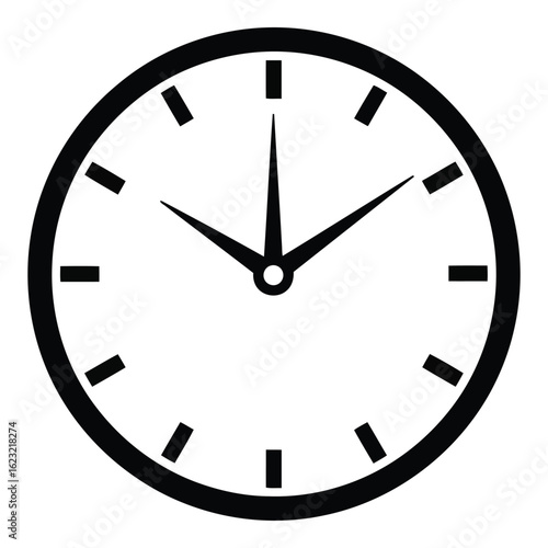 Art of simple black and white analog clock face with hands, isolated on white background