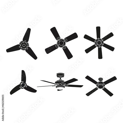 Art of collection of ceiling fan icons and silhouettes from various angles, isolated on white background