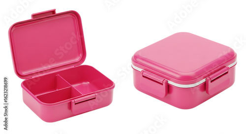 Two pink plastic lunchboxes, one open with compartments and one closed, isolated on transparent background, ideal for school kids and portable food storage