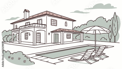 Illustration of a two story house with a pool and lounge chairs in the backyard area of the property