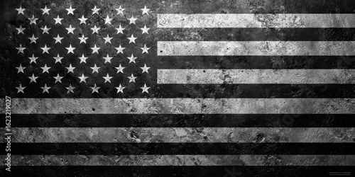 Textured Black and White American Flag with Distressed Stars and Stripes on a Grungy Background
