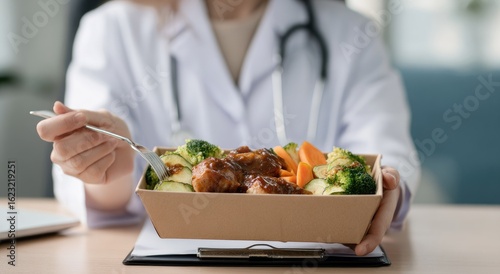 Doctor eating healthy lunch at desk during break