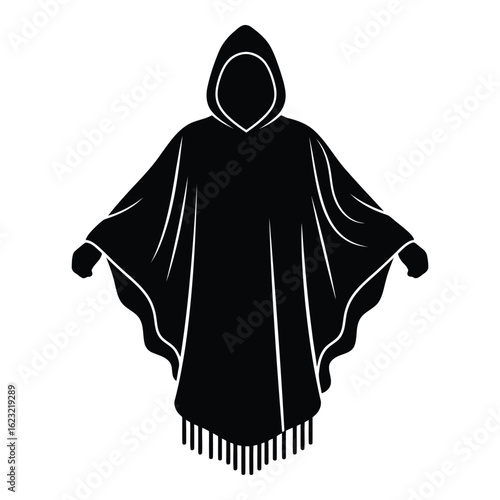 Art of black hooded poncho with fringe detail, isolated on white background