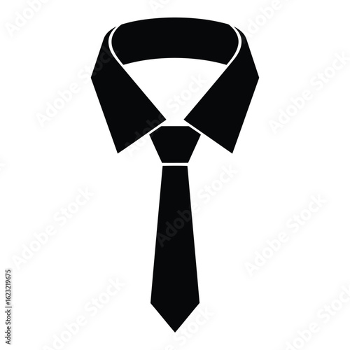 Art of black silhouette of a mans dress shirt collar with a tie, isolated on white background