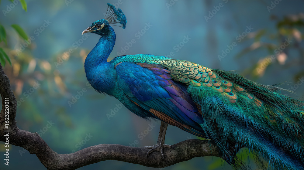 Obraz premium Apeacockdisplayingfeathersunderforestlight