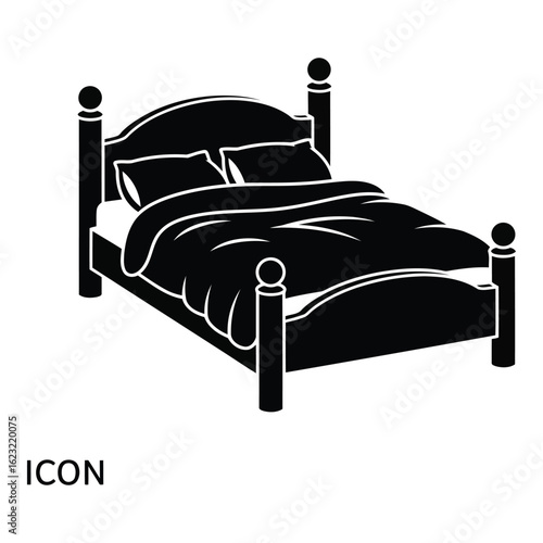 Art of simple black icon of a comfortable bed with pillows and blankets, isolated on white background