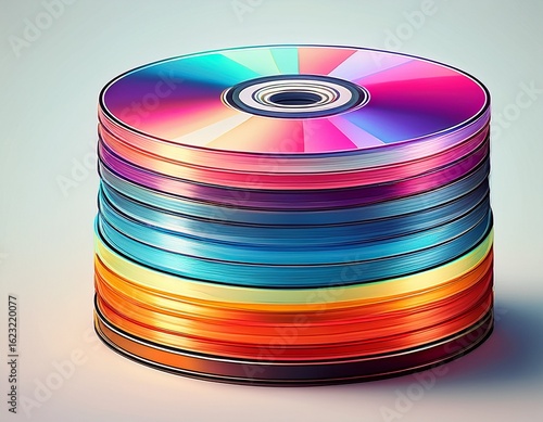 stack of colorful magneto optical discs on white background
