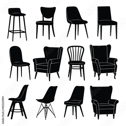 Art of collection of various chair silhouettes isolated on a white background, showcasing diverse furniture styles and designs