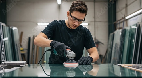 職人技光るガラス研磨 真剣な眼差し 精密な作業