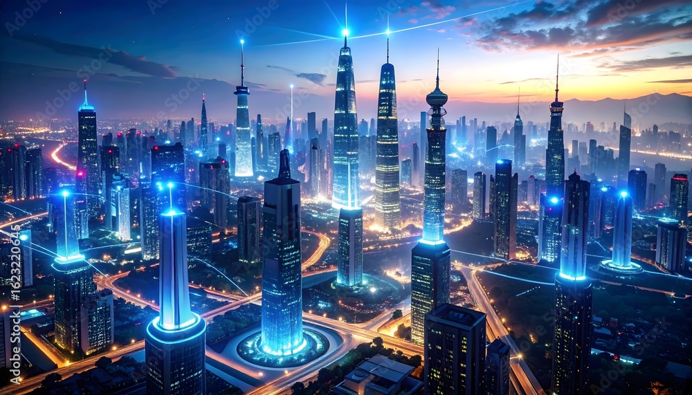 Naklejka premium A cold megastructure pierces the clouds, its emotion-null towers pulsing with silent signals—suppressing thought, memory, and feeling in a world built to erase the human soul.