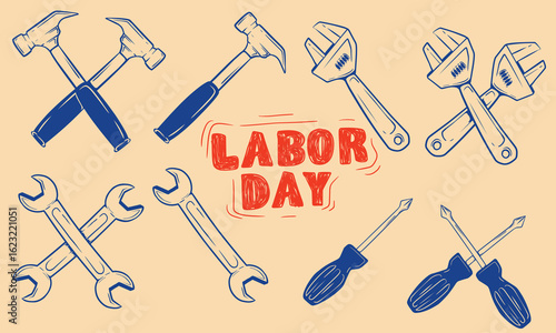 Hand Drawn Labor Day Tools Vector Set. Crossed Screwdriver, Wrench, Pliers, and Spanner Icons