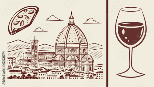 Illustration of florence cityscape with duomo, pizza slice, and a glass of red wine drawing