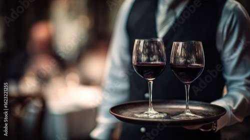 Waiter carrying wine glasses on a tray in a restaurant