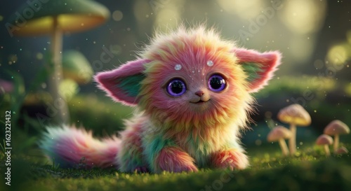Adorable fantasy creature with bright eyes and soft multicolored fur