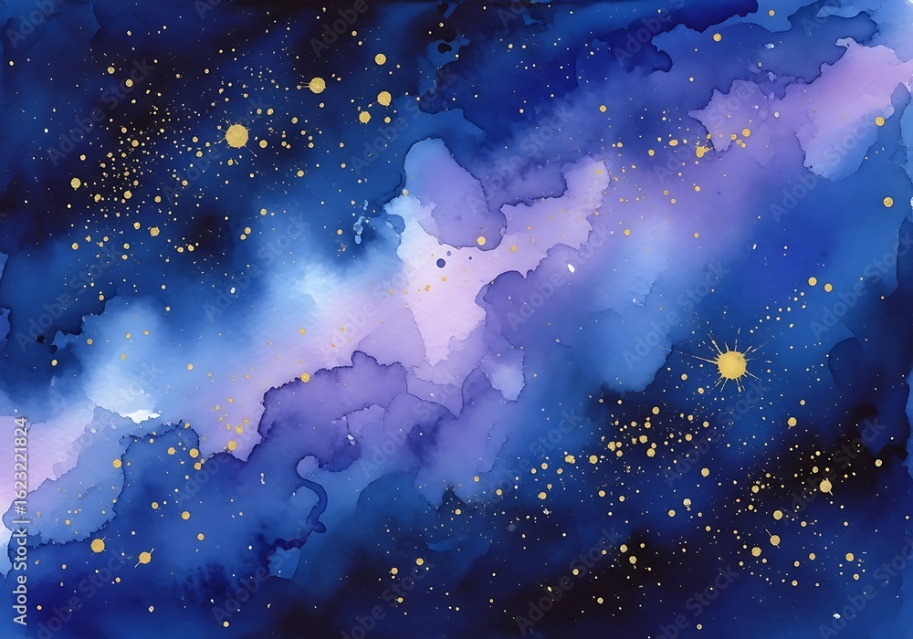 Fototapeta premium Watercolor galaxy with gold stars a dreamy cosmic landscape perfect for backgrounds and artistic projects
