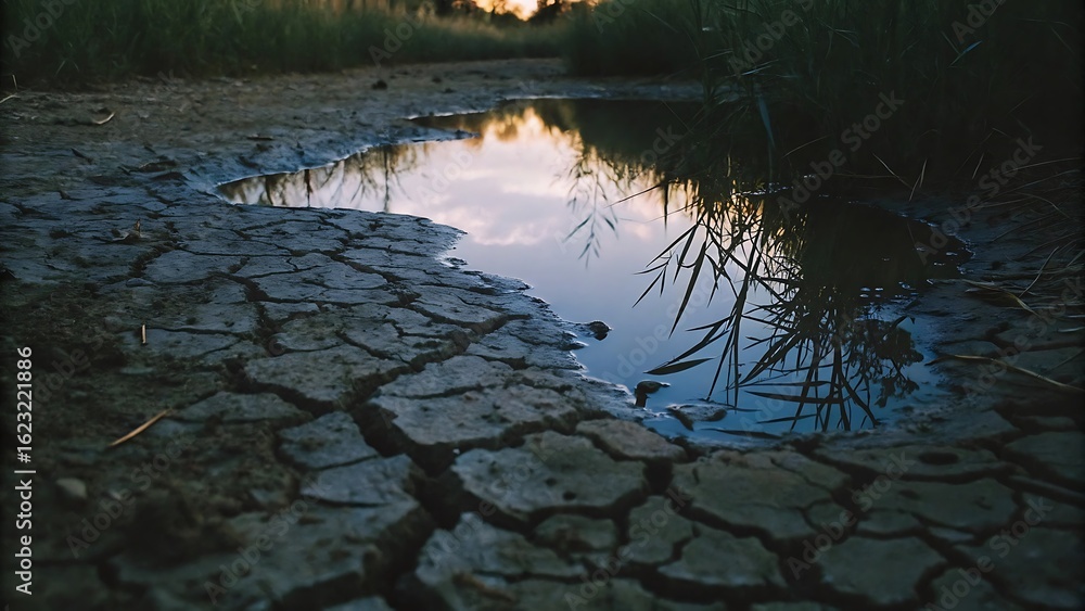 Obraz premium Cracked Dry Soil With Reflective Water Under a Vibrant Sunset Sky