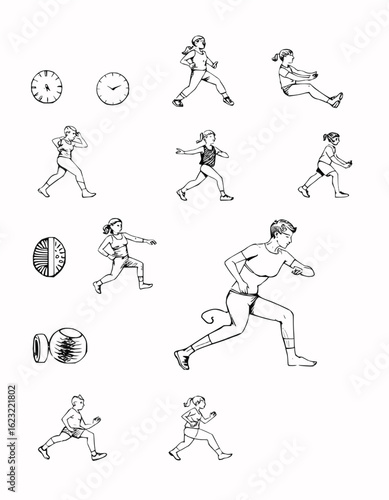 Illustration showing multiple female figures in running poses with clocks and weights sketched around them