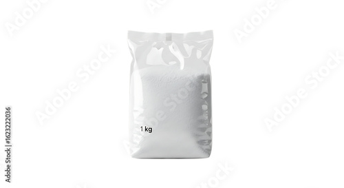 One kilogram of white sugar or salt in a transparent plastic bag isolated on transparent background, perfect for food product mockups and design templates