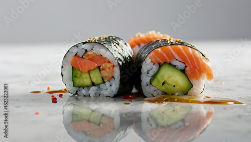 Fresh Salmon Sushi Roll on White Background