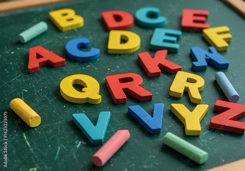 Naklejka premium カラフルなアルファベット 黒板に散らばる 楽しい文字たち