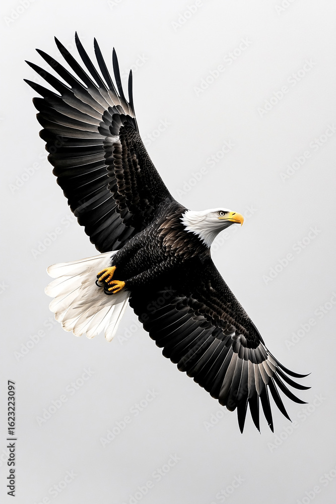 Naklejka premium An eagle in flight against a light gray background. Concept of freedom, power, nature, wildlife.