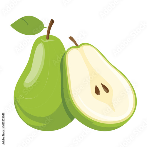Ripe Green Pears Fruit Halved and Whole - Vector Illustration