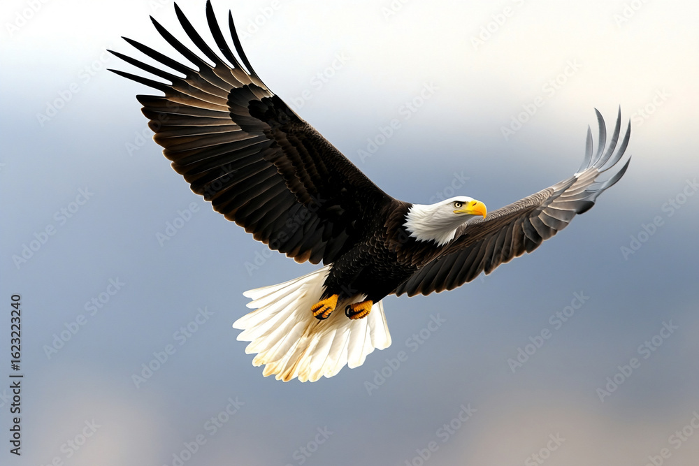 Naklejka premium An eagle in flight against a cloudy, light blue sky. Concept of freedom, power, nature, wildlife.