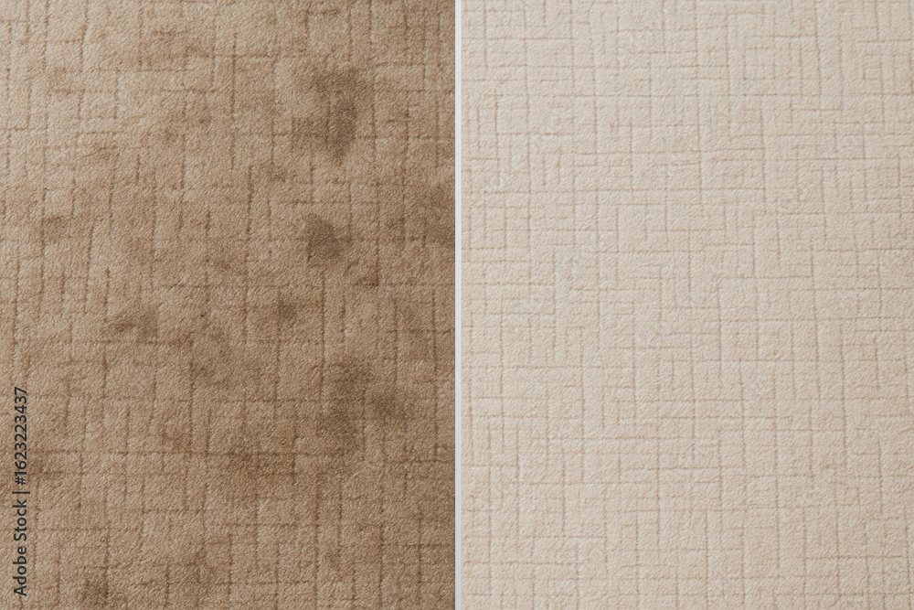 Fototapeta premium Carpet deep cleaning transformation with geometric pattern, brown to beige tone, top view for home maintenance concept