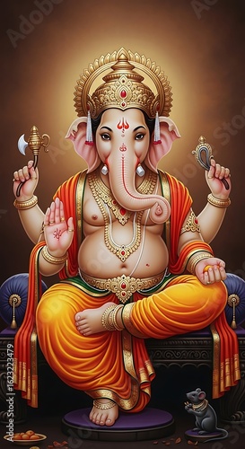 A divine depiction of lord ganesha seated in a meditative and royal posture