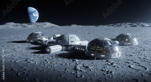 Moon base habitat colony lunar surface exploration space settlement future architecture earth view